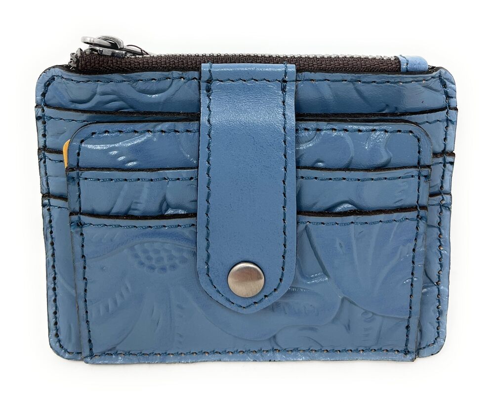 1944 Leather Cassis ID Card Case Wallet, Tooled Safflower Blue